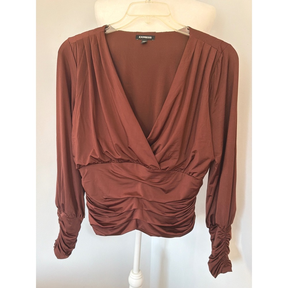 Express Brown Ruched Long Sleeve Surplice V-Neck Blouse Top Large